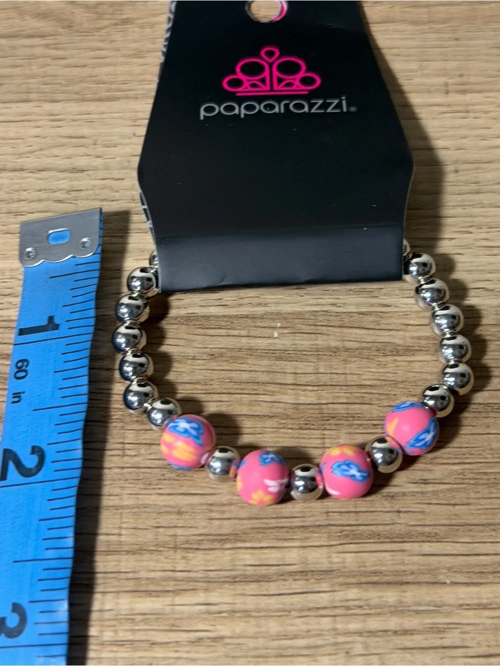 paparazzi Pink Floral Bead and Silver-Tone Stretch Bracelet